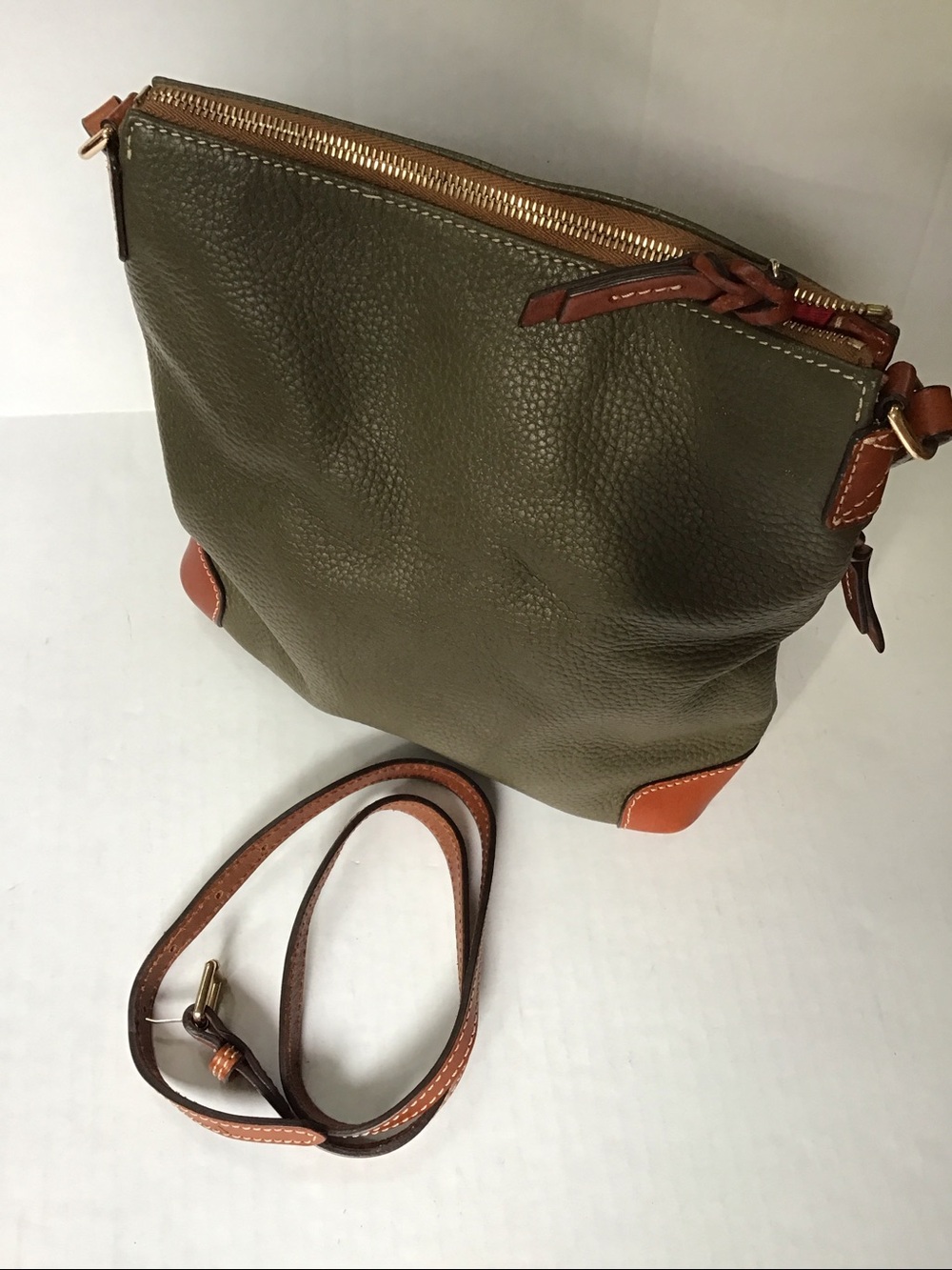 Dooney & Bourke Green Pebble Leather Crossbody with Brown Trim - Picture 2 of 14